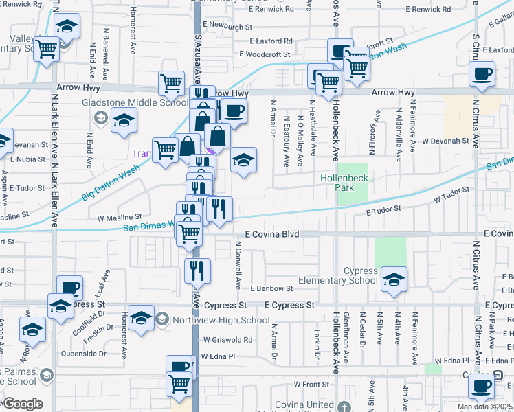 map of restaurants, bars, coffee shops, grocery stores, and more near 758 West Grondahl Street in Covina