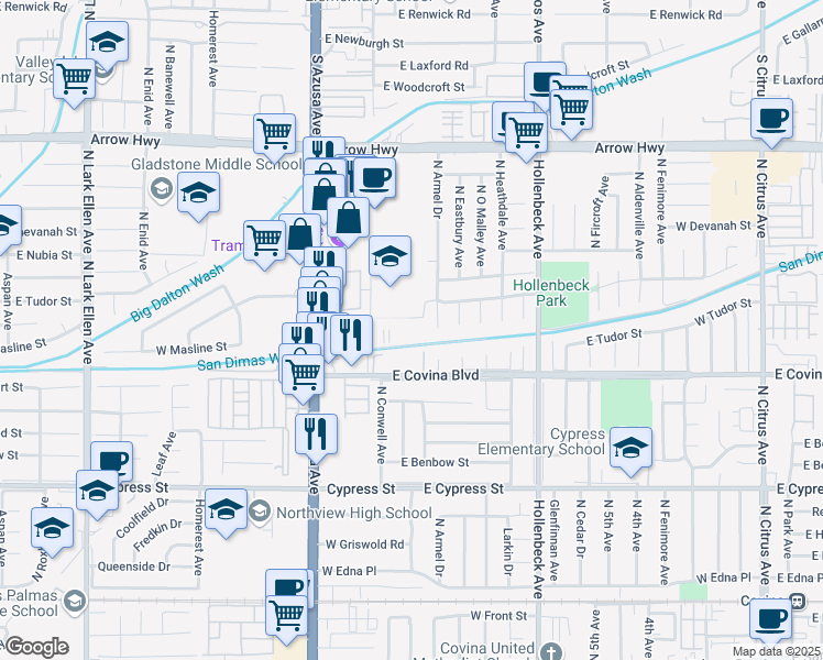 map of restaurants, bars, coffee shops, grocery stores, and more near 1160 North Conwell Avenue in Covina