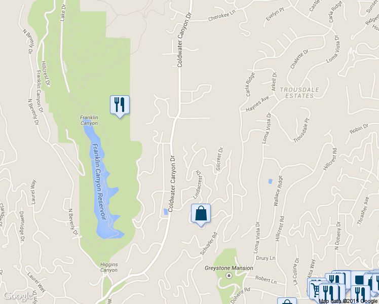 map of restaurants, bars, coffee shops, grocery stores, and more near 1642 Lindacrest Drive in Beverly Hills