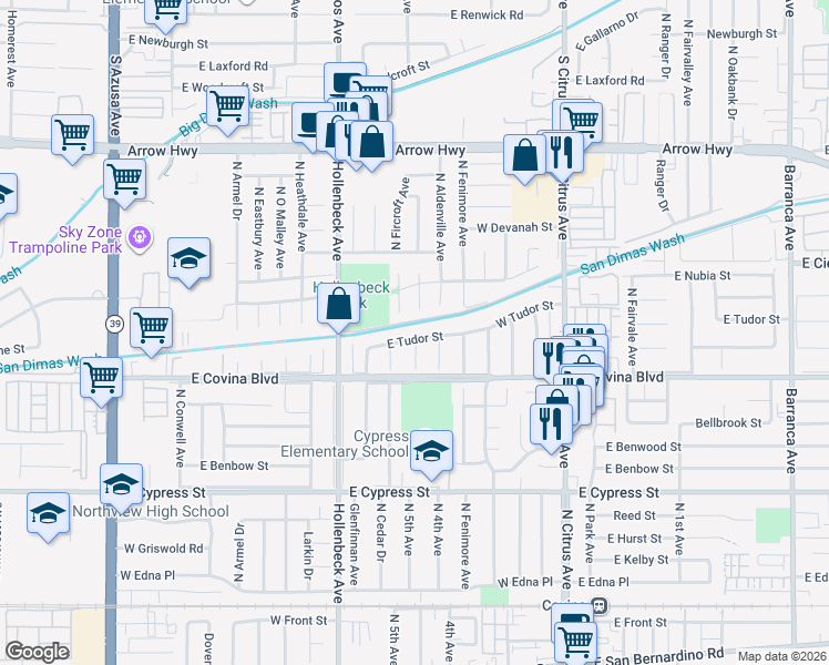 map of restaurants, bars, coffee shops, grocery stores, and more near 335 West Tudor Street in Covina