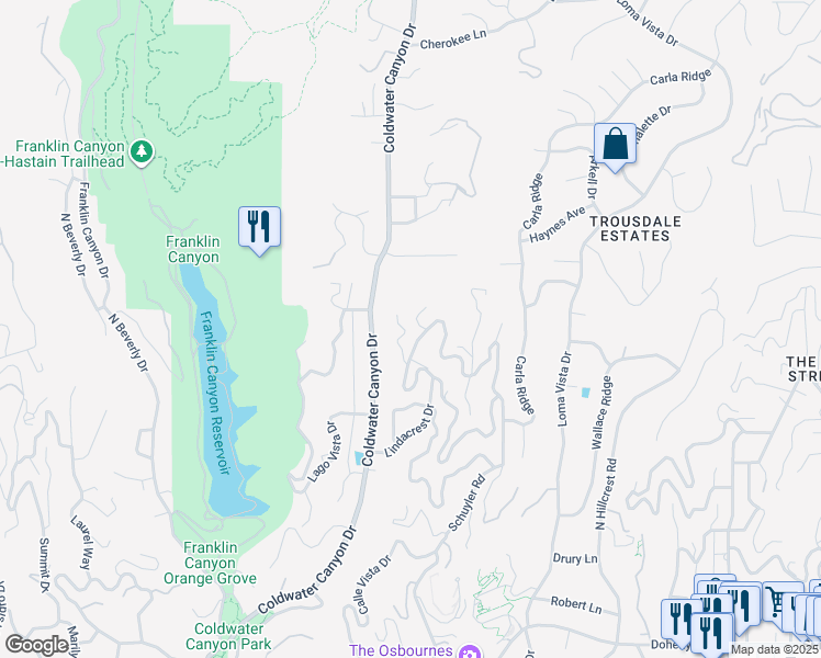 map of restaurants, bars, coffee shops, grocery stores, and more near 9455 Lloydcrest Drive in Beverly Hills