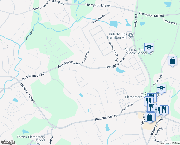 map of restaurants, bars, coffee shops, grocery stores, and more near 3151 Bart Johnson Road in Buford