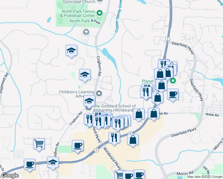 map of restaurants, bars, coffee shops, grocery stores, and more near 2859 Soneley Way in Alpharetta