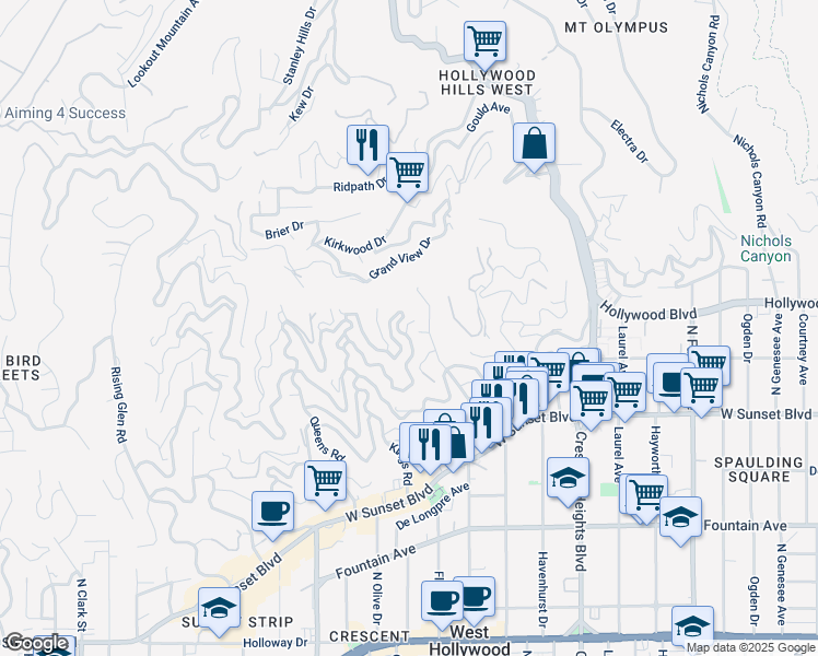 map of restaurants, bars, coffee shops, grocery stores, and more near 1700 Hillside Way in Los Angeles