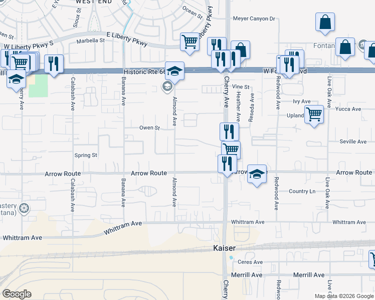 map of restaurants, bars, coffee shops, grocery stores, and more near 14358 Upas Court in Fontana