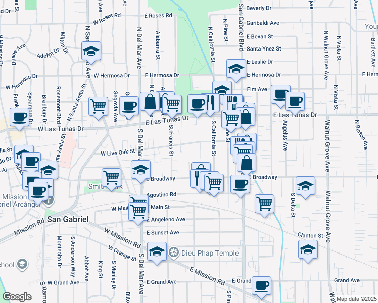 map of restaurants, bars, coffee shops, grocery stores, and more near 400 East Live Oak Street in San Gabriel