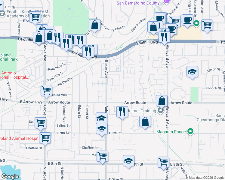 map of restaurants, bars, coffee shops, grocery stores, and more near 8542 Cava Drive in Rancho Cucamonga