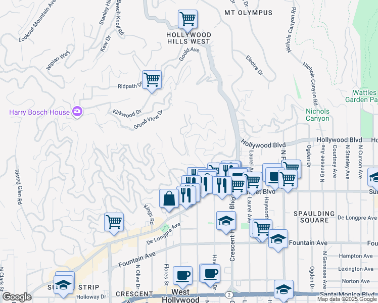 map of restaurants, bars, coffee shops, grocery stores, and more near 1646 Woods Drive in Los Angeles