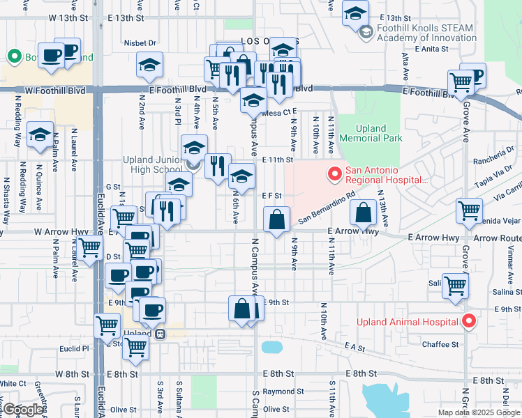 map of restaurants, bars, coffee shops, grocery stores, and more near North Campus Avenue in Upland