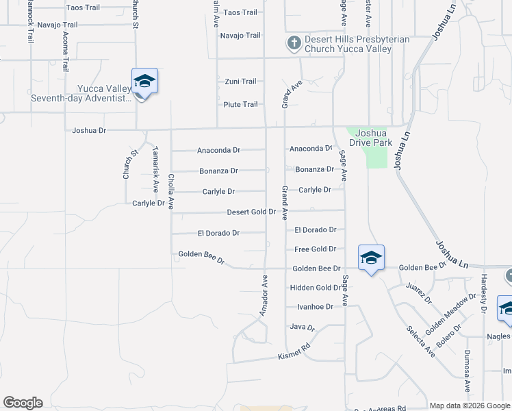 map of restaurants, bars, coffee shops, grocery stores, and more near 56644 Desert Gold Drive in Yucca Valley