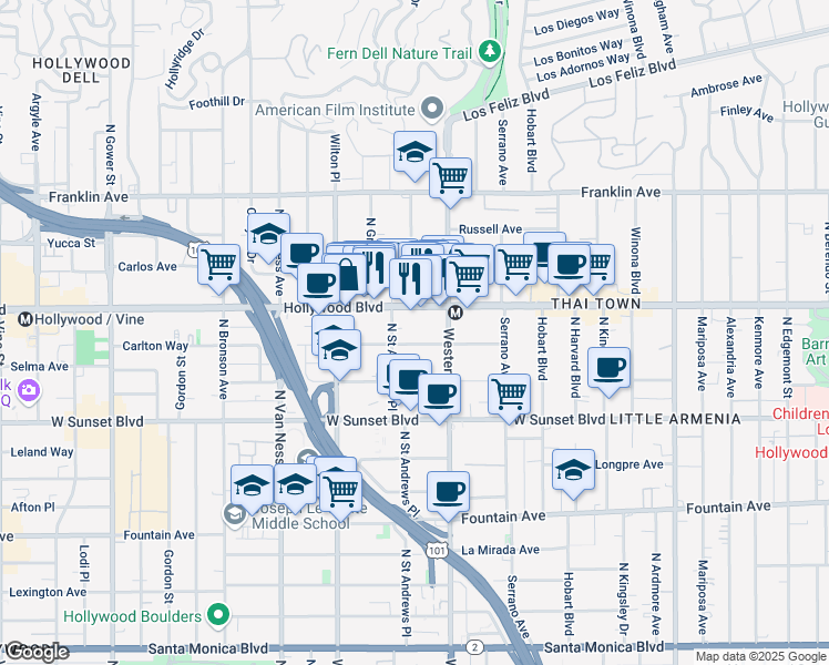map of restaurants, bars, coffee shops, grocery stores, and more near 5535 Carlton Way in Los Angeles