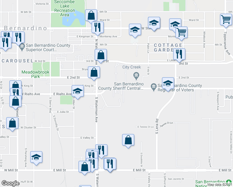 map of restaurants, bars, coffee shops, grocery stores, and more near 447 E Rialto Ave in San Bernardino