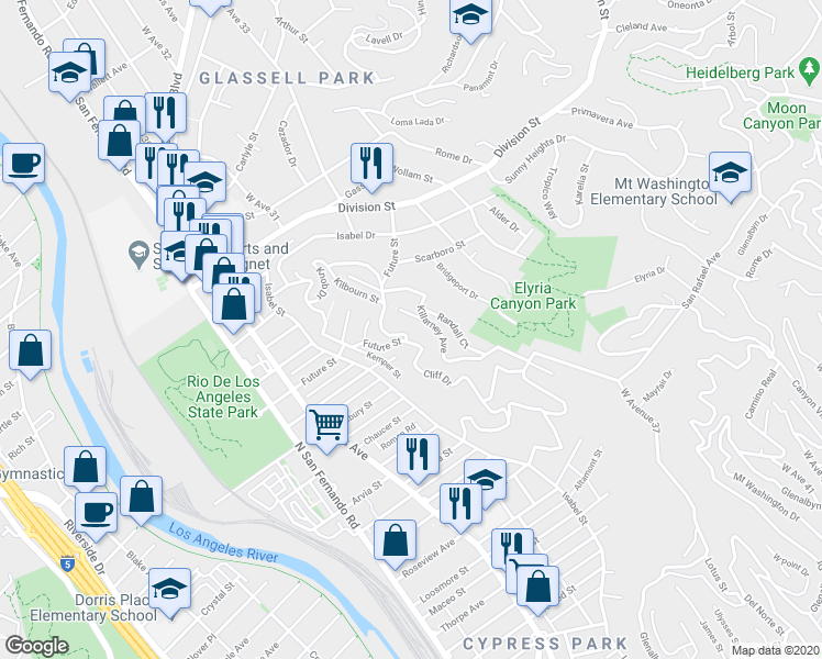 map of restaurants, bars, coffee shops, grocery stores, and more near 3110 Future Street in Los Angeles