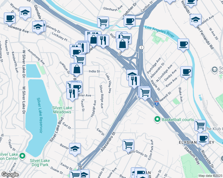 map of restaurants, bars, coffee shops, grocery stores, and more near 2430 Lake View Avenue in Los Angeles