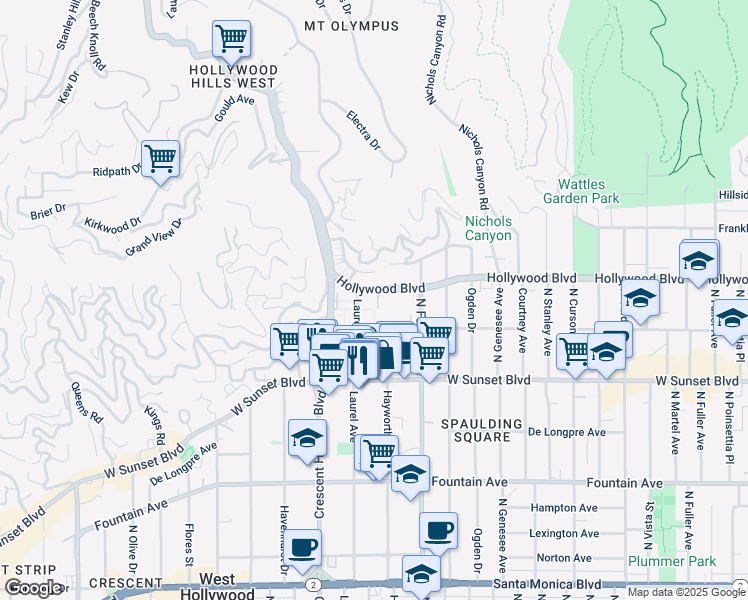 map of restaurants, bars, coffee shops, grocery stores, and more near 1632 North Laurel Avenue in Los Angeles