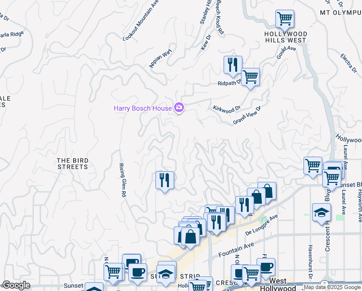 map of restaurants, bars, coffee shops, grocery stores, and more near 1622 Viewmont Drive in Los Angeles