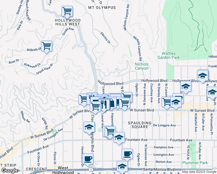 map of restaurants, bars, coffee shops, grocery stores, and more near 7960 Hollywood Boulevard in Los Angeles