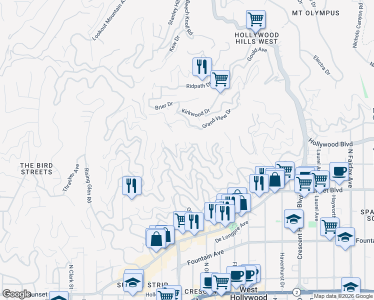 map of restaurants, bars, coffee shops, grocery stores, and more near 8448 Franklin Avenue in Los Angeles