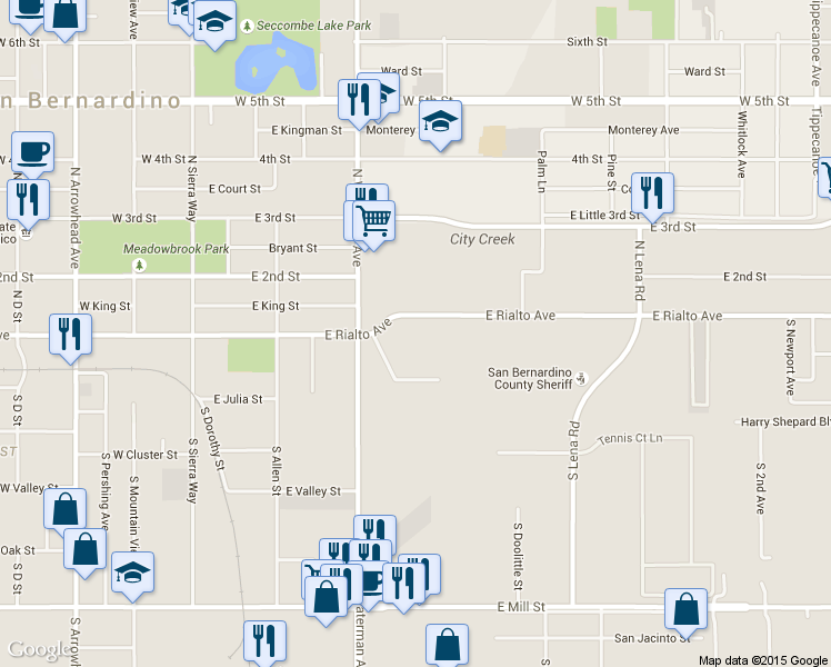 map of restaurants, bars, coffee shops, grocery stores, and more near 447 East Rialto Avenue in San Bernardino