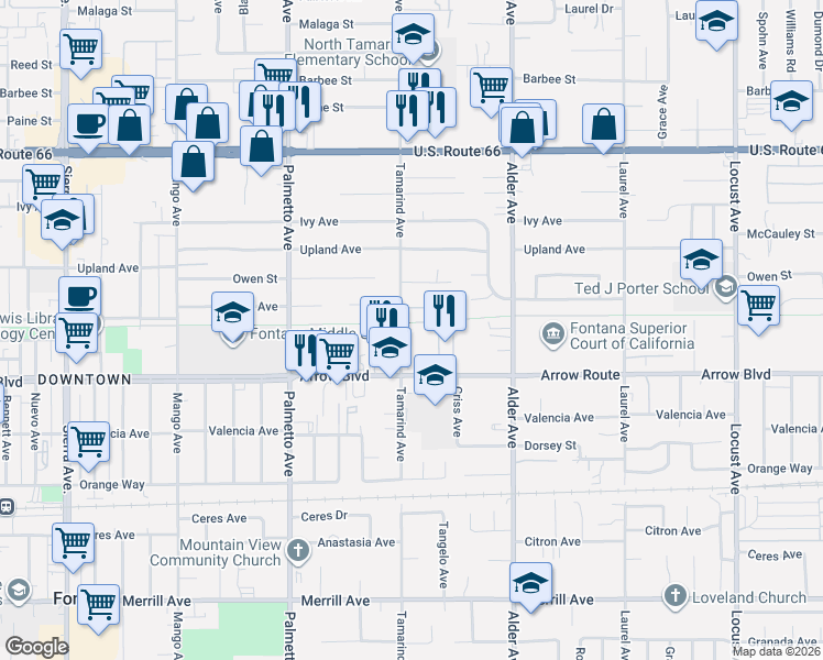 map of restaurants, bars, coffee shops, grocery stores, and more near 8412 Tamarind Avenue in Fontana