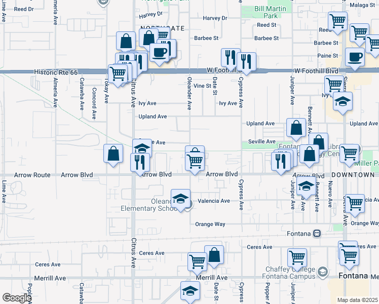 map of restaurants, bars, coffee shops, grocery stores, and more near 8403 Oleander Avenue in Fontana