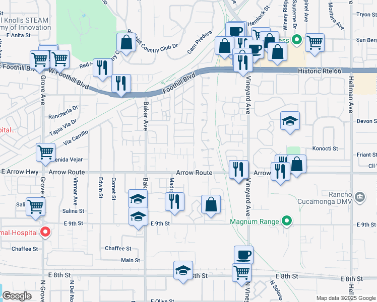 map of restaurants, bars, coffee shops, grocery stores, and more near 8638 Cava Drive in Rancho Cucamonga