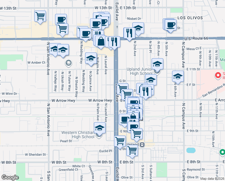 map of restaurants, bars, coffee shops, grocery stores, and more near 600 North Euclid Avenue in Upland