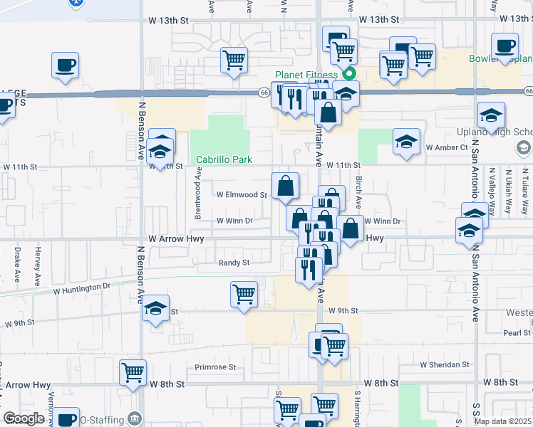 map of restaurants, bars, coffee shops, grocery stores, and more near 587 West Winn Drive in Upland