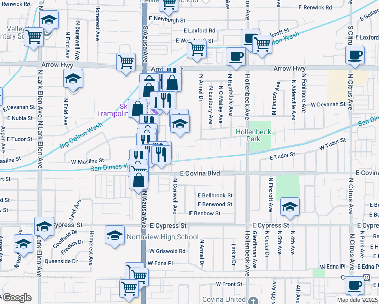 map of restaurants, bars, coffee shops, grocery stores, and more near 758 West Grondahl Street in Covina