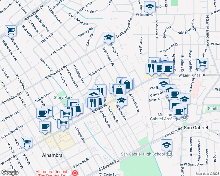 map of restaurants, bars, coffee shops, grocery stores, and more near 816 Lindaraxa Park South in Alhambra