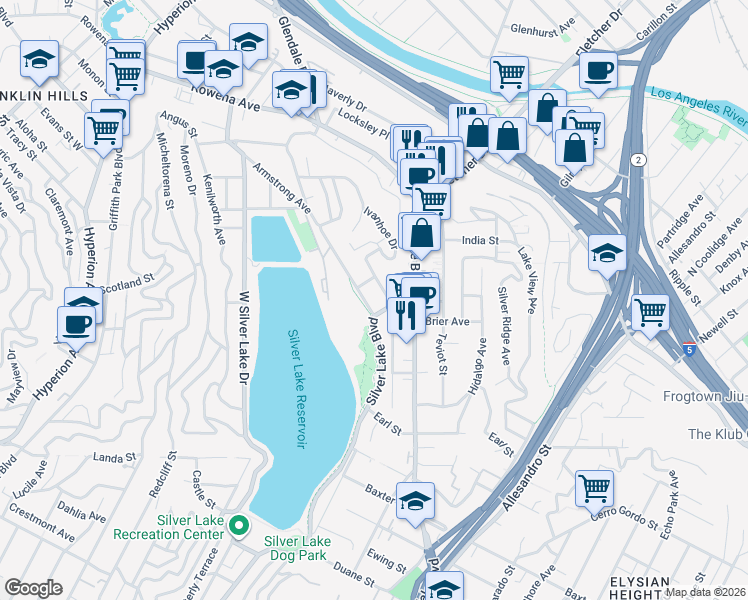 map of restaurants, bars, coffee shops, grocery stores, and more near 2456 Armstrong Avenue in Los Angeles