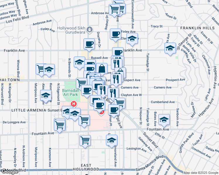map of restaurants, bars, coffee shops, grocery stores, and more near 1639 Lyman Place in Los Angeles