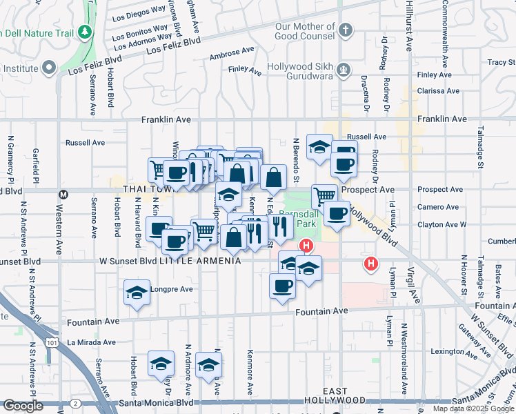 map of restaurants, bars, coffee shops, grocery stores, and more near 1643 1/2 North Kenmore Avenue in Los Angeles