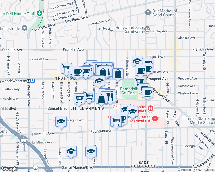 map of restaurants, bars, coffee shops, grocery stores, and more near 1643 1/2 North Kenmore Avenue in Los Angeles