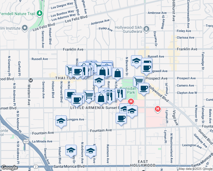 map of restaurants, bars, coffee shops, grocery stores, and more near 1643 1/2 North Kenmore Avenue in Los Angeles