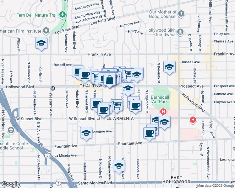 map of restaurants, bars, coffee shops, grocery stores, and more near 1641 North Normandie Avenue in Los Angeles