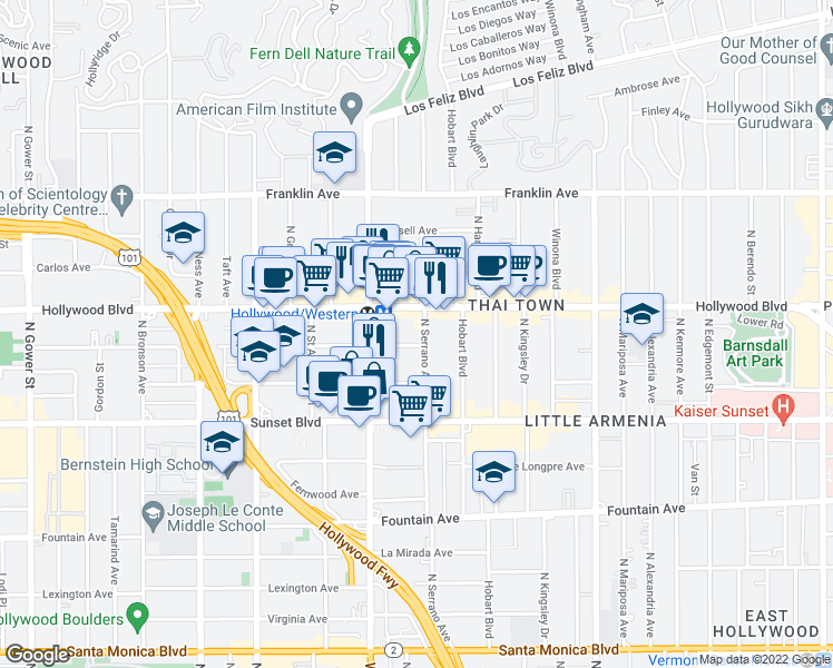 map of restaurants, bars, coffee shops, grocery stores, and more near 5427 Carlton Way in Los Angeles