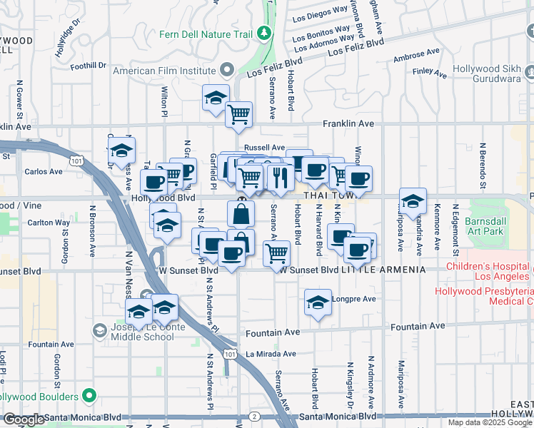 map of restaurants, bars, coffee shops, grocery stores, and more near 5427 Carlton Way in Los Angeles