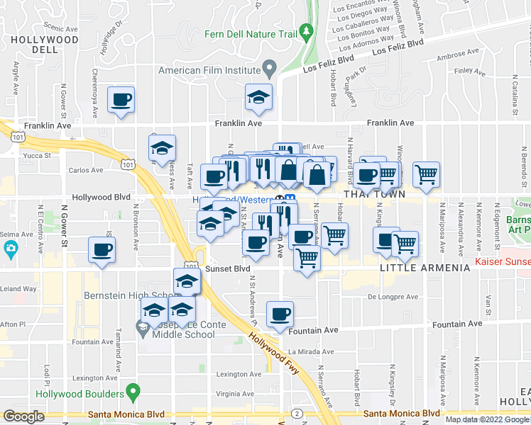 map of restaurants, bars, coffee shops, grocery stores, and more near 5508 Hollywood Boulevard in Los Angeles