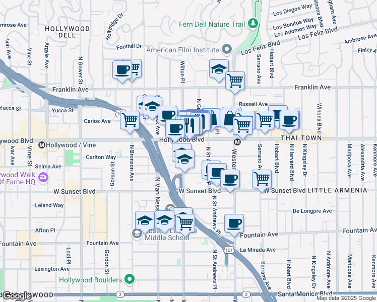 map of restaurants, bars, coffee shops, grocery stores, and more near 5633 Carlton Way in Los Angeles