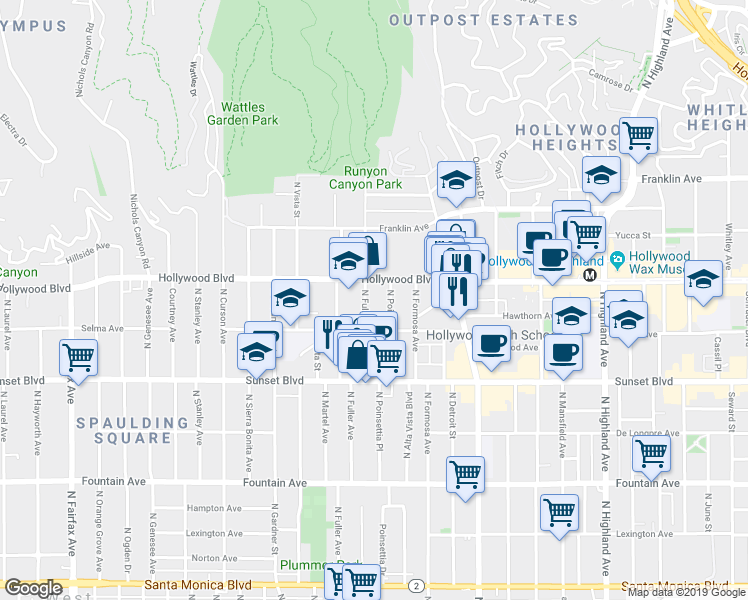 map of restaurants, bars, coffee shops, grocery stores, and more near 1636 North Fuller Avenue in Los Angeles