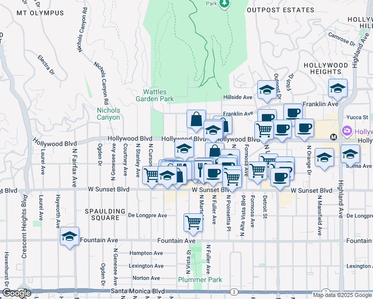 map of restaurants, bars, coffee shops, grocery stores, and more near 1636 North Vista Street in Los Angeles