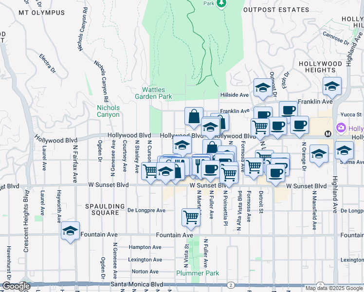 map of restaurants, bars, coffee shops, grocery stores, and more near 1636 North Vista Street in Los Angeles