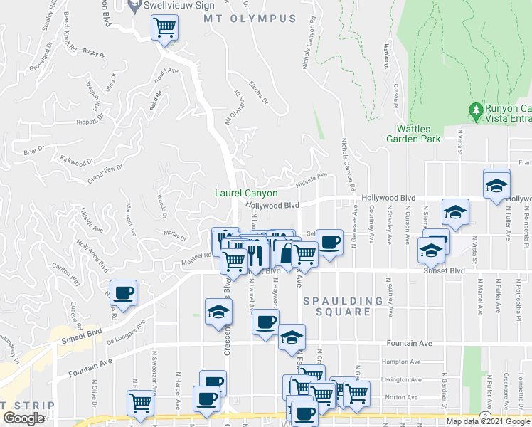map of restaurants, bars, coffee shops, grocery stores, and more near 7960 Hollywood Boulevard in Los Angeles