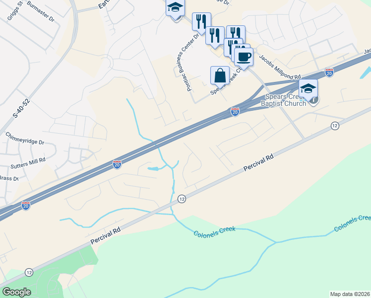 map of restaurants, bars, coffee shops, grocery stores, and more near Interstate 20 in Columbia