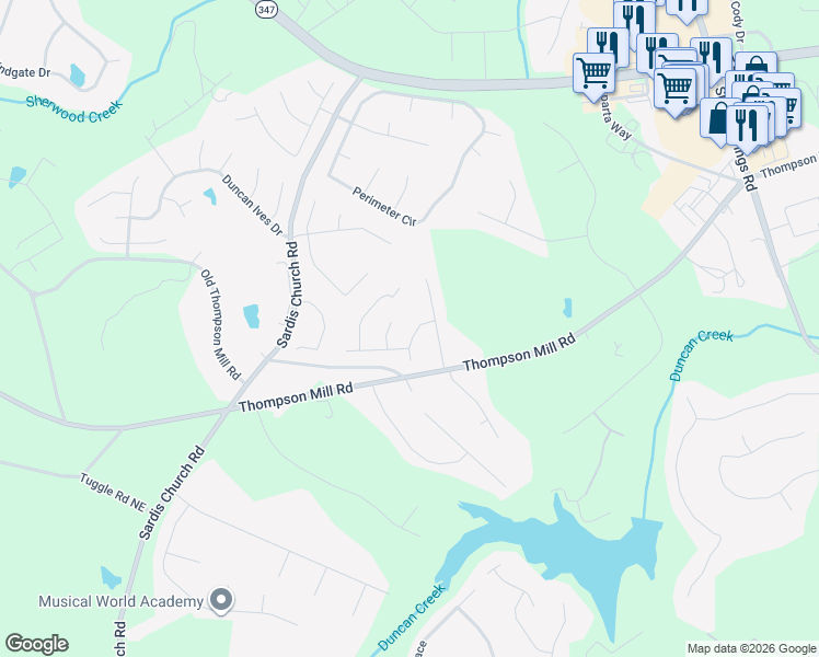 map of restaurants, bars, coffee shops, grocery stores, and more near 2537 Summer Song Way Northeast in Buford