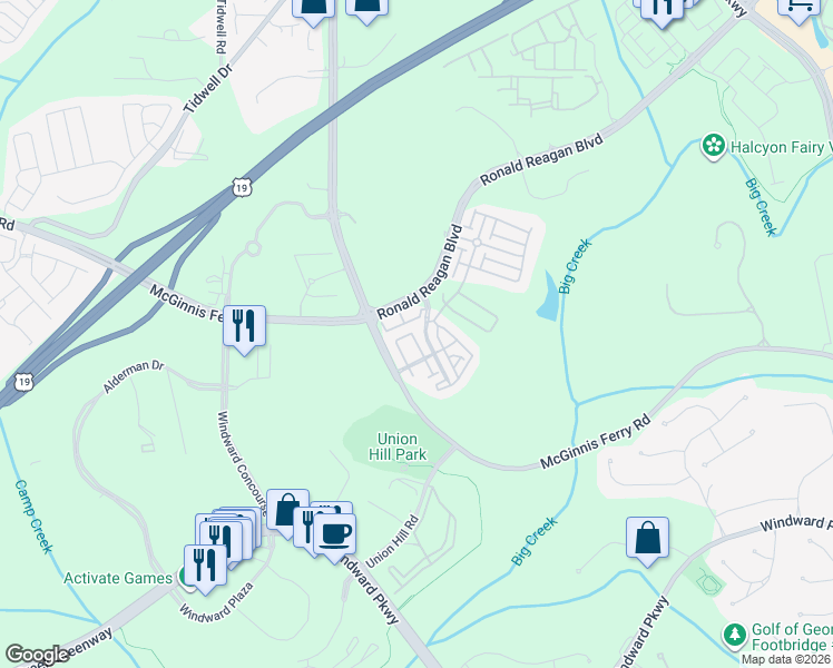 map of restaurants, bars, coffee shops, grocery stores, and more near 7790 Pierpoint Lane in Alpharetta