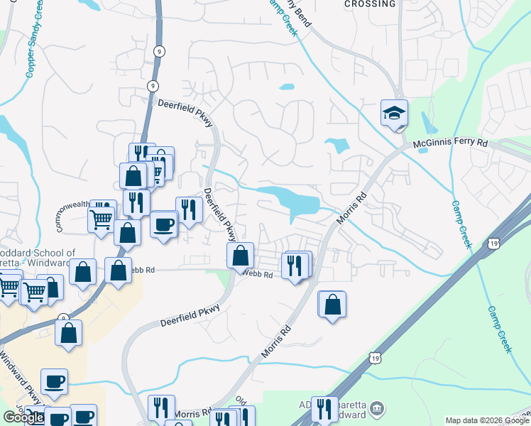 map of restaurants, bars, coffee shops, grocery stores, and more near 3379 Lathenview Court in Alpharetta