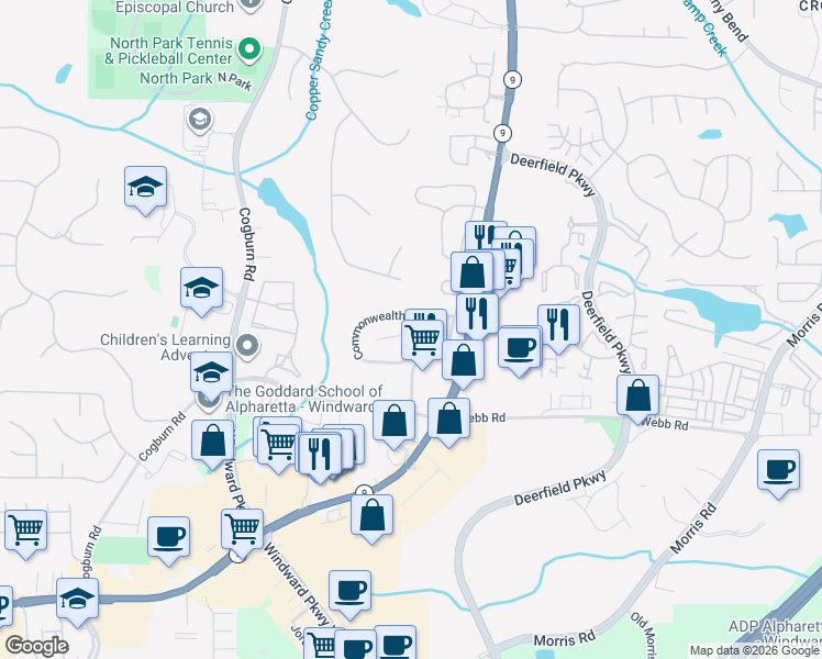 map of restaurants, bars, coffee shops, grocery stores, and more near 3136 Commonwealth Way in Alpharetta