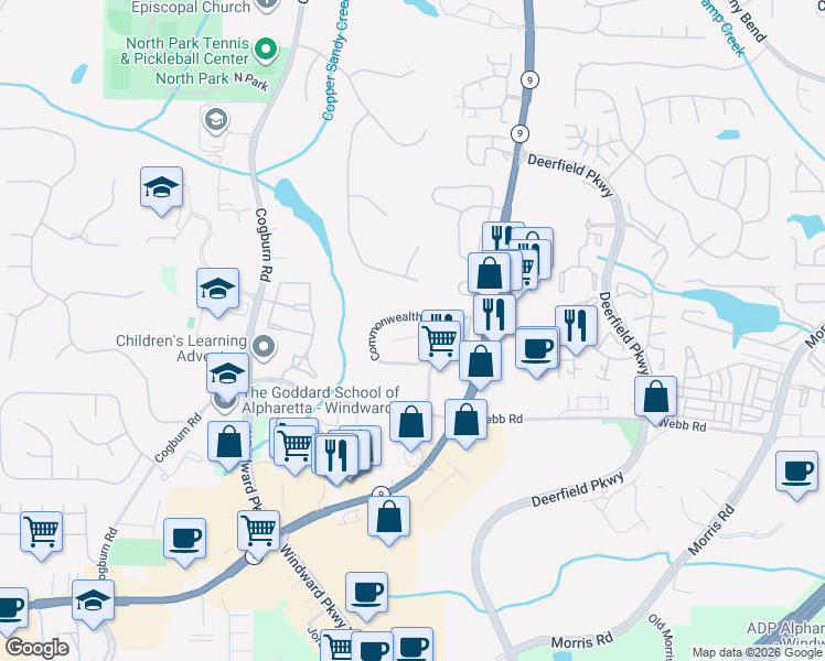 map of restaurants, bars, coffee shops, grocery stores, and more near 3112 Commonwealth Way in Alpharetta